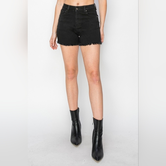 RISEN Black Cut-off Frayed High Rise Distressed Denim Mid-length Jean Shorts - Picture 10 of 16